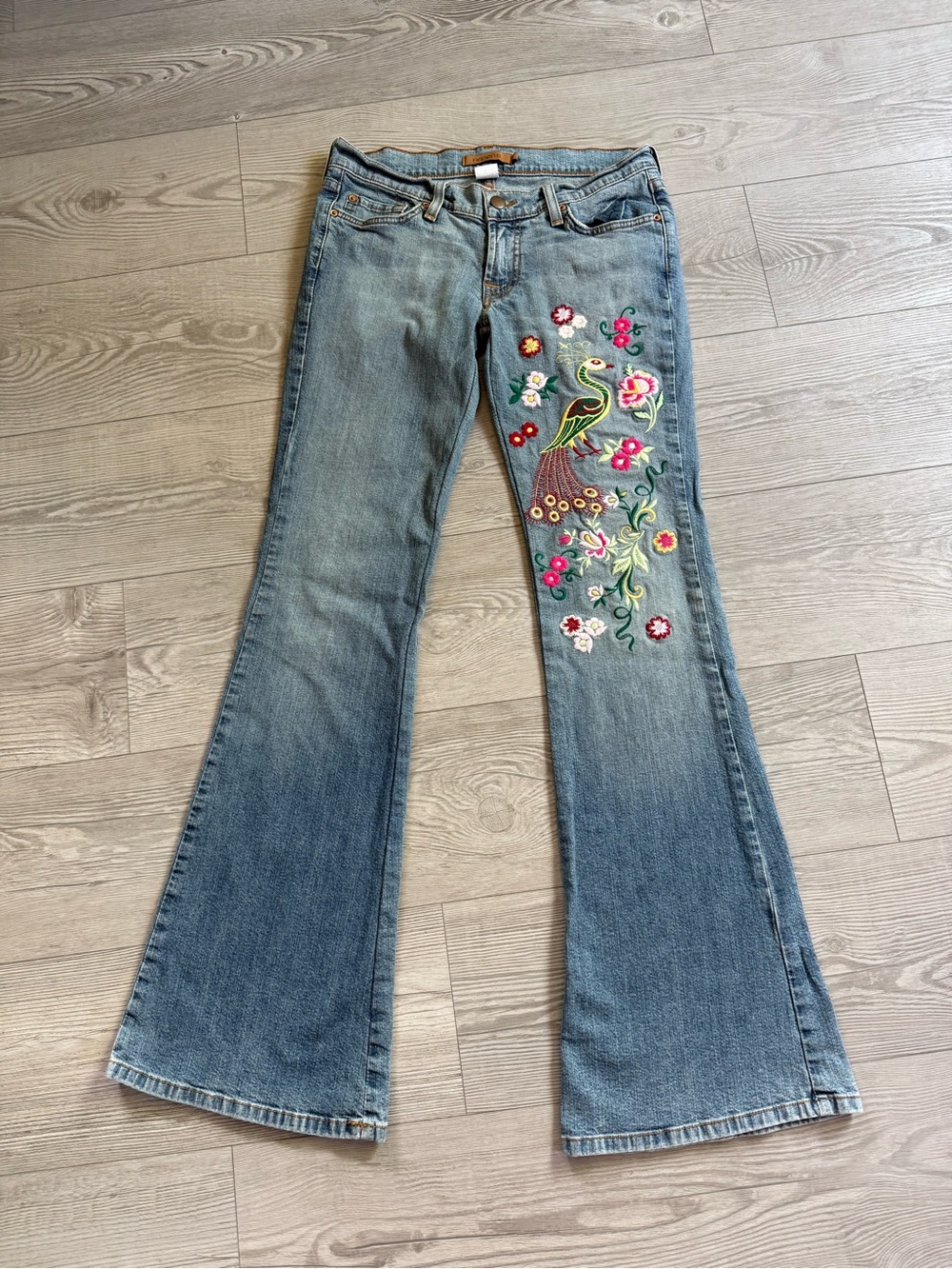 Arden B Vintage Y2K peacock and floral detail flare stretch denim